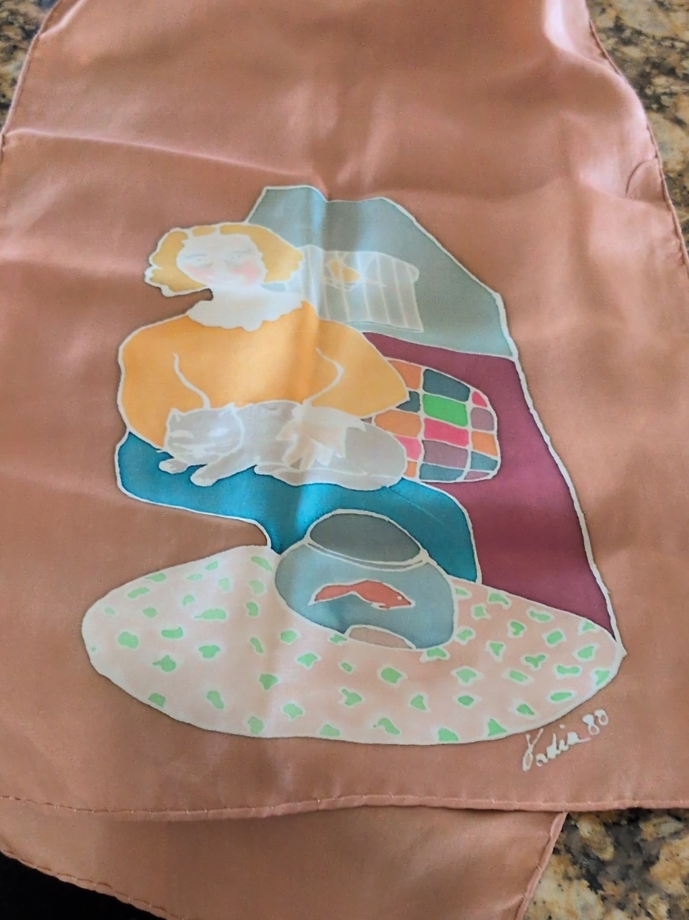 Peach Satin Scarf with Figurative Print